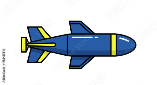 A cartoon blue missile with yellow accents flying through the air.