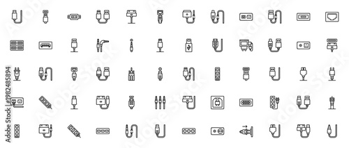 Connectors & Cables icon set. Vector cable and port collection. Includes USB, HDMI, Ethernet, Jack, Plug, Socket, DVI, Charger and Broken Cable symbols.
