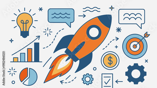 Illustration of a rocket launching with various business and innovation icons surrounding it, representing startup growth and strategic development.