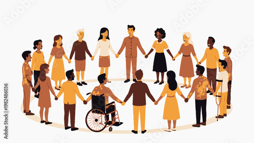 Diverse group of people from various backgrounds and abilities holding hands in a circle, symbolizing unity, community, and inclusion.