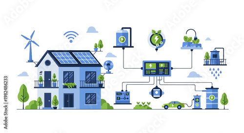 Sustainable Smart Home Ecosystem Vector Illustration with Solar Panels, Renewable Energy, and Smart Energy Management System
