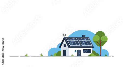 Sustainable Smart Home Vector Illustration with Solar Panels and Energy Efficiency Technology
