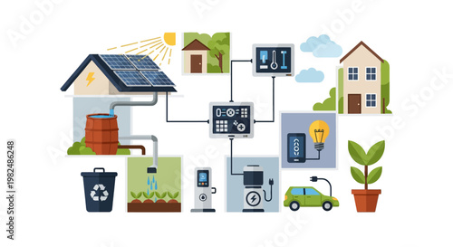 Sustainable Smart Home Infographic with Solar Energy System, Rainwater Harvesting, and Waste Recycling Management