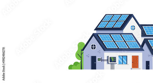 Sustainable Smart Home Illustration with Solar Panels and Energy Management System