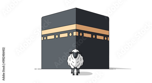 A vector illustration shows a white fluffy sheep standing in front of the Kaaba, the cube-shaped building draped in black and gold cloth, set against a clean white background