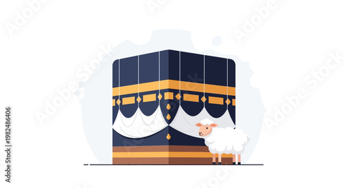 Flat vector illustration depicting the Kaaba, a cubic building draped in black and gold cloth, standing beside a fluffy white sheep against a clean white backdrop, conveying a sense