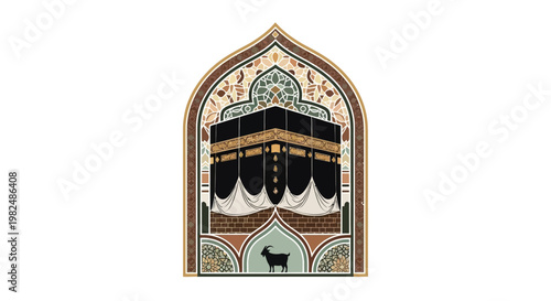 An ornate, detailed illustration of the Kaaba, the sacred building at Mecca, framed with decorative Islamic-style arch and floral motifs, set against a stark white background