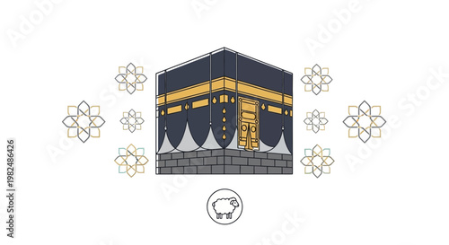 Vector illustration of the Kaaba in Mecca, a cuboid building draped in a black cloth with golden door, surrounded by geometric floral ornaments against a clean white background for Islamic