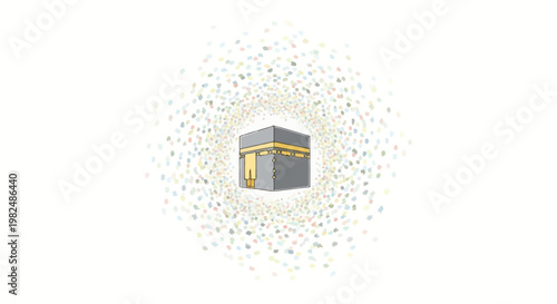 Illustrated vector of the Kaaba, a cubic building draped in black and gold cloth, centered with a light burst effect on a stark white background, symbolizing Islamic pilgrimage