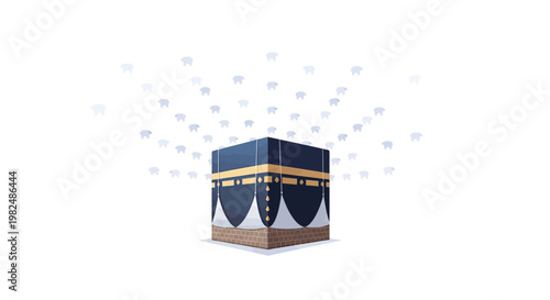 Isometric illustration of the Kaaba in Mecca, a cuboid structure with gold accents and a black cloth, depicted against a stark white background with light blue dots suggesting a celestial