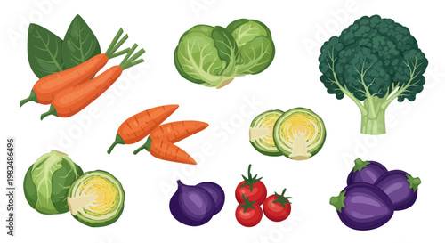 Assortment of Fresh Vegetables: Carrots, Broccoli, Cabbage, Brussels Sprouts, Tomatoes, Figs, Eggplant