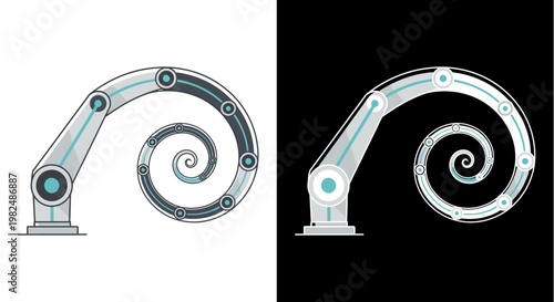 Robotic arm with spiral design on white and black backgrounds.