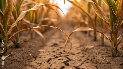 Close-Up View of Dry Corn Leaves on Cracked Soil Texture