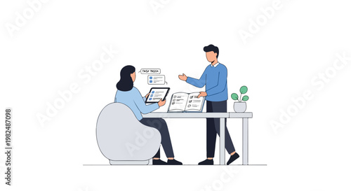 A vector illustration depicts a woman sitting at a desk with a tablet while a man stands nearby, both collaborating on tasks and educational work.
