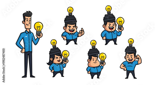 Cartoon characters with lightbulb ideas concept illustration