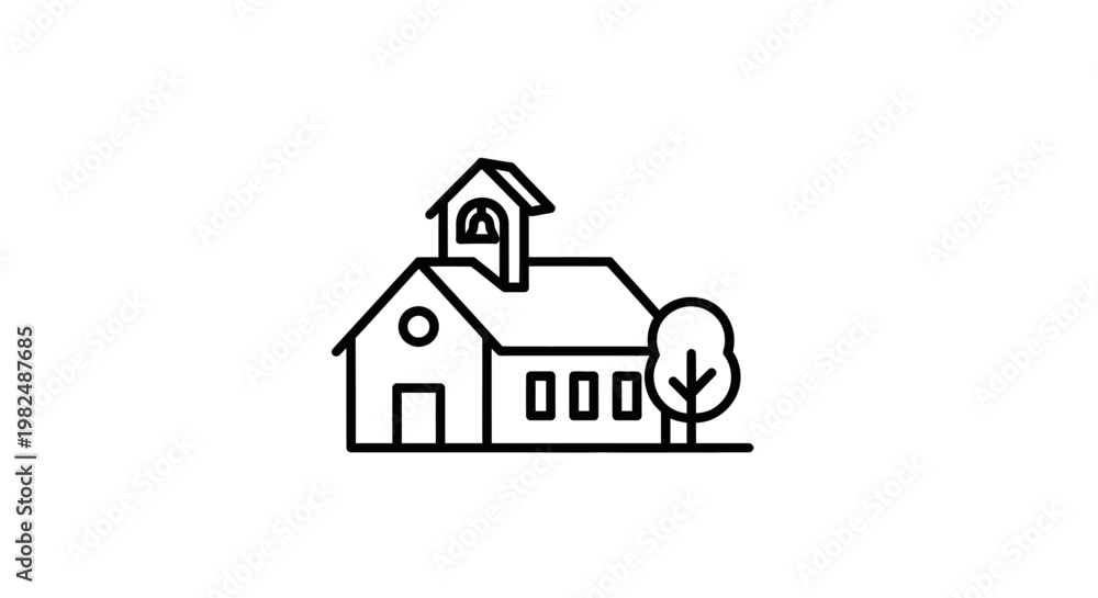 Fototapeta premium Line art school building icon with bell tower and tree. Outline vector illustration for education, learning, and community design.