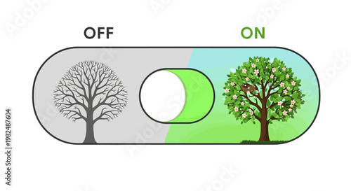 Toggle switch showing transition from dead tree to living tree representing environmental growth.