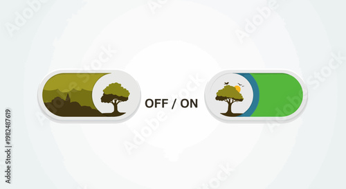 Eco friendly toggle switch showing tree transition from polluted to healthy environment.