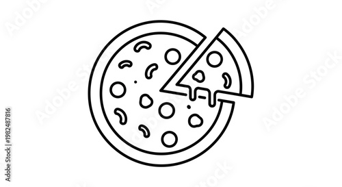 Pizza icon with a missing slice, simple outline illustration of Italian fast food with melted cheese.