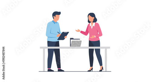 A professional man taking notes on a clipboard while talking to a female colleague across a white office table in a clean, minimalist style.