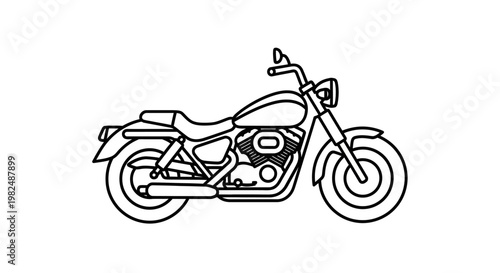 Classic cruiser motorcycle line art illustration, black and white vector graphic, vintage style transport icon.