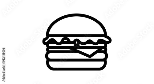 Outline icon of a classic hamburger with bun, patty, cheese, and lettuce, representing fast food and quick meal concepts.