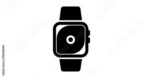 Black and white vector icon of a modern digital smartwatch with a square screen and band, technology symbol.