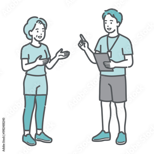 若い男性スポーツトレーナーと笑顔で会話・相談をするシニア女性のイラスト