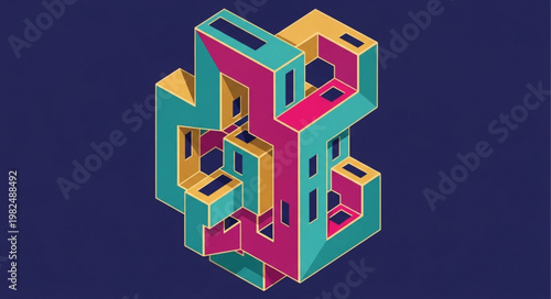 Abstract geometric structure with colorful shapes and lines.