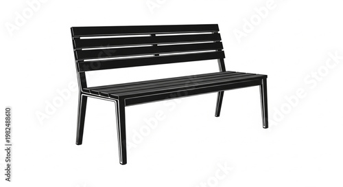 Black metal park bench with slatted seat and back.