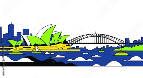 Sydney Skyline Panorama with Opera House, Harbour Bridge and Sailboats