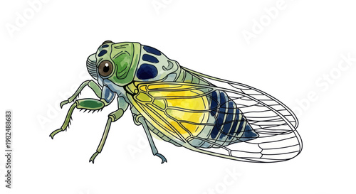 Watercolor Illustration of a Green Cicada Insect on White Background