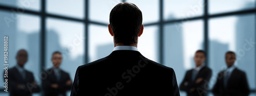 Business leader portrait back view of man in suit standing in office with blurred team and window background