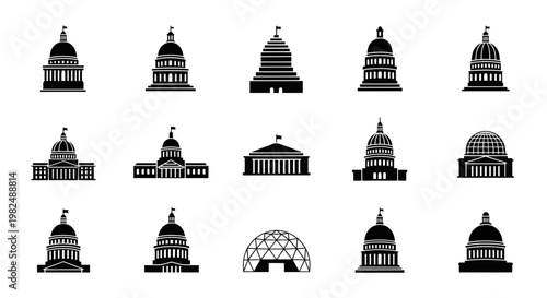 Government Building Icons Set - Capitol, Dome, Landmark Silhouettes