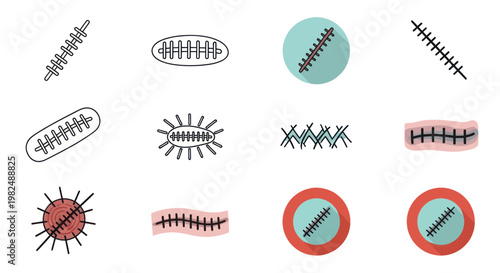 Medical Sutures Icons Set: Stitches, Wounds, Surgical Scars, Healthcare Graphics
