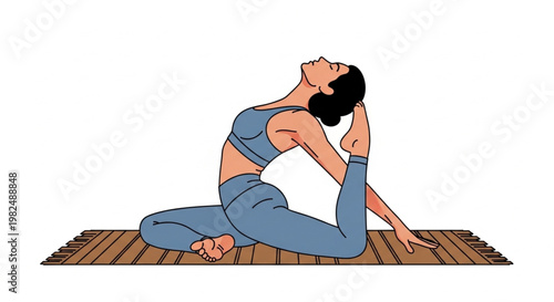 Peaceful woman in blue leggings doing Eka Pada Rajakapotasana stretch to improve her spine mobility.
