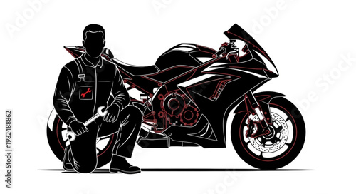 Mechanic Posing With A Sport Motorcycle Holding A Wrench.