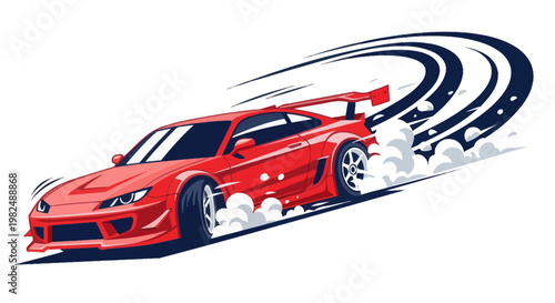 Red sports car drifting, tire smoke, dynamic motion lines, street racing