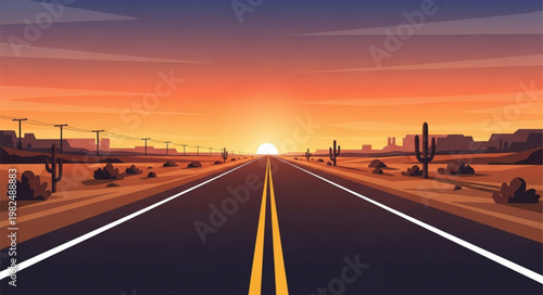 Desert highway at sunset with cactus and mountains.