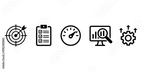 Black and white business strategy including target with arrow clipboard with checkmarks speedometer computer monitor with magnifying glass and gear with arrows