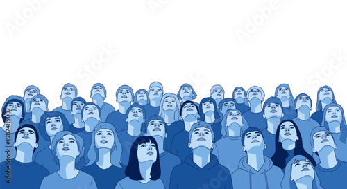 Diverse crowd of people looking up with hopeful expressions.