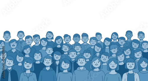 Large diverse crowd of people standing together in a monochrome blue illustration.