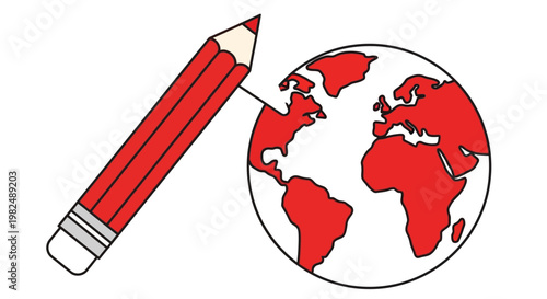 Red Pencil Drawing a World Globe Map Illustration.