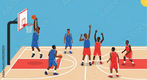 Basketball players compete in a fast paced game on court.