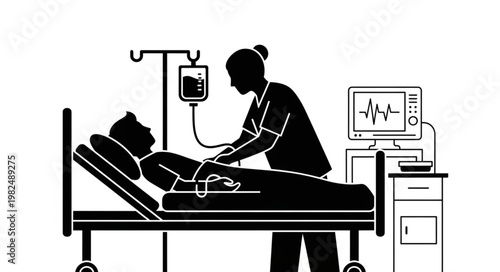 Nurse Attends Patient in Hospital Bed with Medical Equipment.