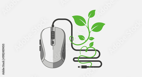 Computer mouse with a cord that transforms into a green plant vine.