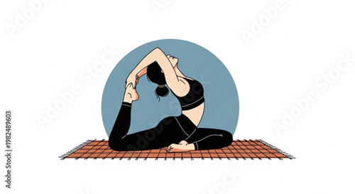 Side view of a flexible woman in black sportswear doing a deep backbend pigeon stretch on her carpet