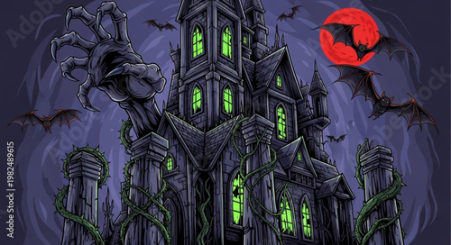 Spooky haunted castle with glowing windows and bats flying.