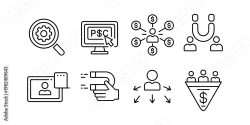 Business finance including gear magnifying glass computer monitor with currency symbols people interacting with money and technology