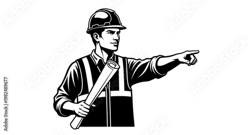 Construction worker pointing with blueprints in hand.